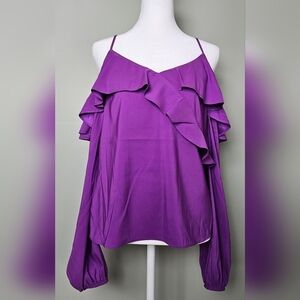 NWOT EXPRESS Off The Shoulder Balloon Sleeve Faux Wrap Ruffle Top AMETHYST XS